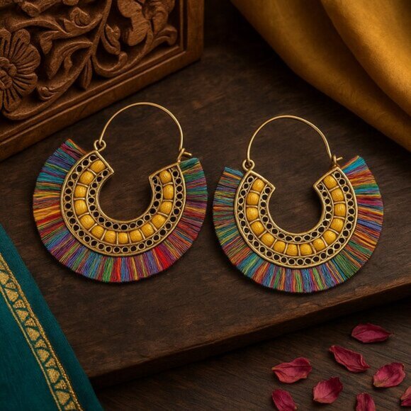 ๐๏ธBoho Chic Rainbow Hoop Earrings Handmade Indian Artisan Statement Jewelry - Picture 7 of 9